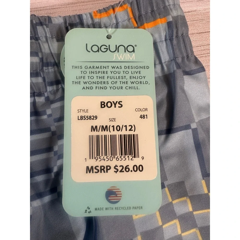 Laguna Swim Boys Board Shorts Grey Orange Geometric Checkered Trunks M 10/12 NEW
